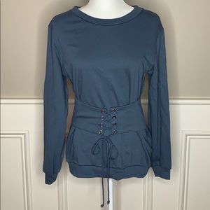 NWT Slate Blue Lush Corset Tie Front Sweatshirt